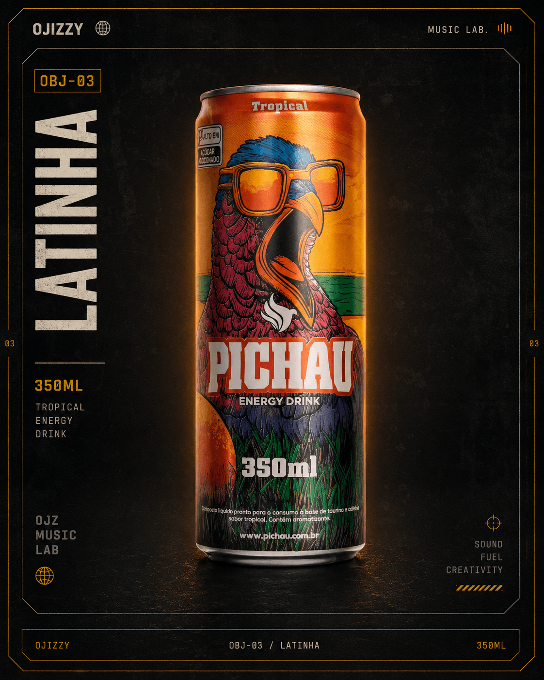 Quadro OBJ-03 do Ojizzy Music Lab: lata de Pichau Energy Drink Tropical com arara de óculos, sobre fundo preto com moldura técnica