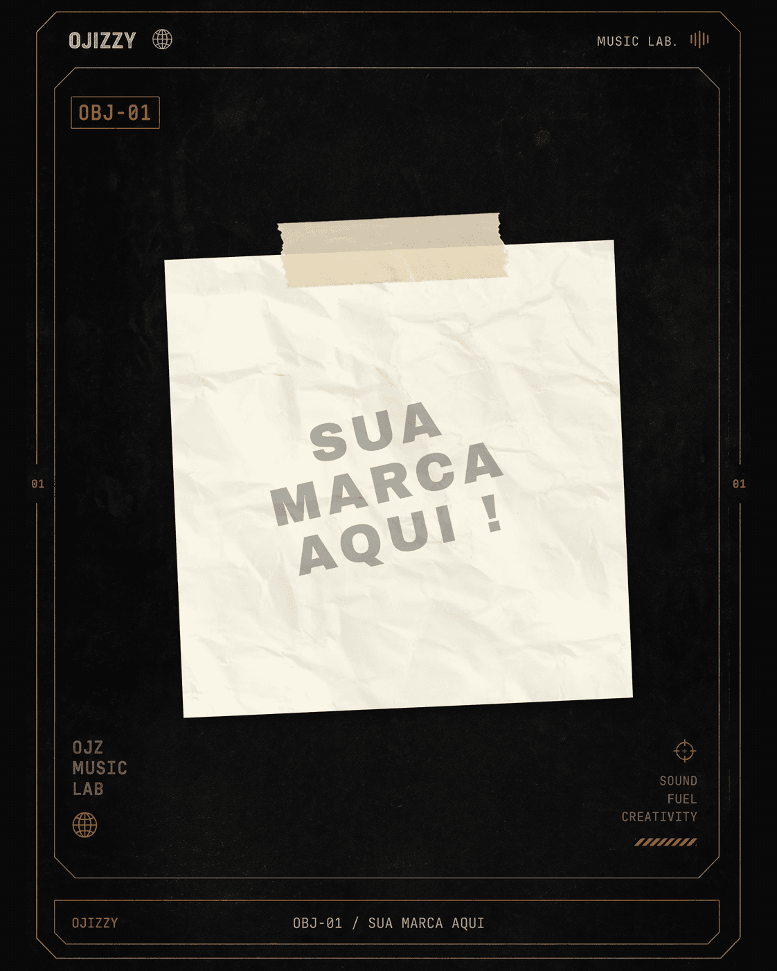 Quadro vago do Ojizzy Music Lab: papel amassado colado com fita e a frase SUA MARCA AQUI, sobre fundo preto com moldura técnica